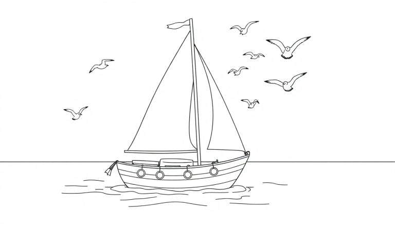 Placa de color de un barco de vela amistoso navegando con gaviotas.