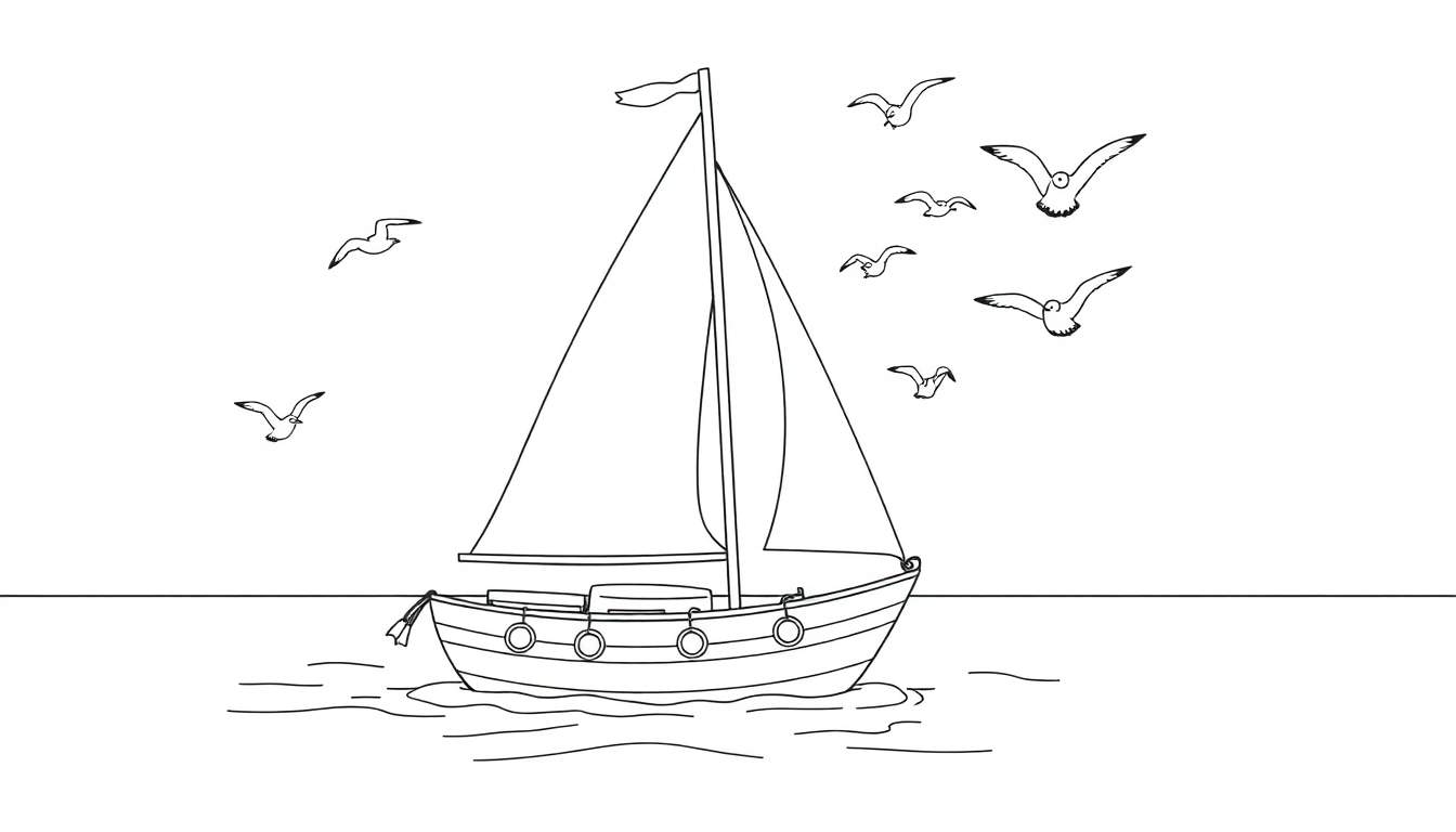 Placa de color de un barco de vela amistoso navegando con gaviotas.