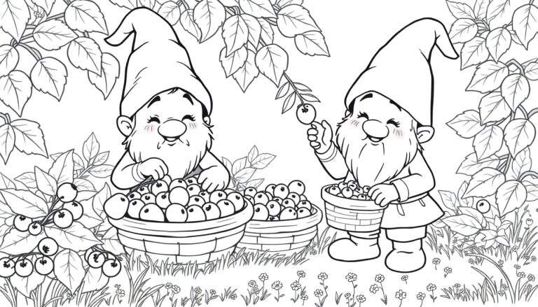 Placa de color con dos gnomos recolectando bayas.
