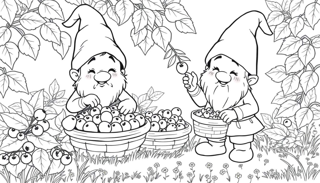 Placa de color con dos gnomos recolectando bayas.