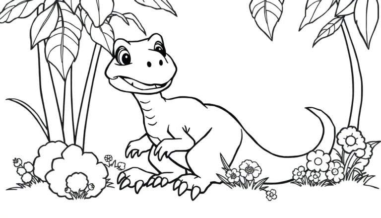 Placa de color de un T-Rex bebé amistoso en la jungla.