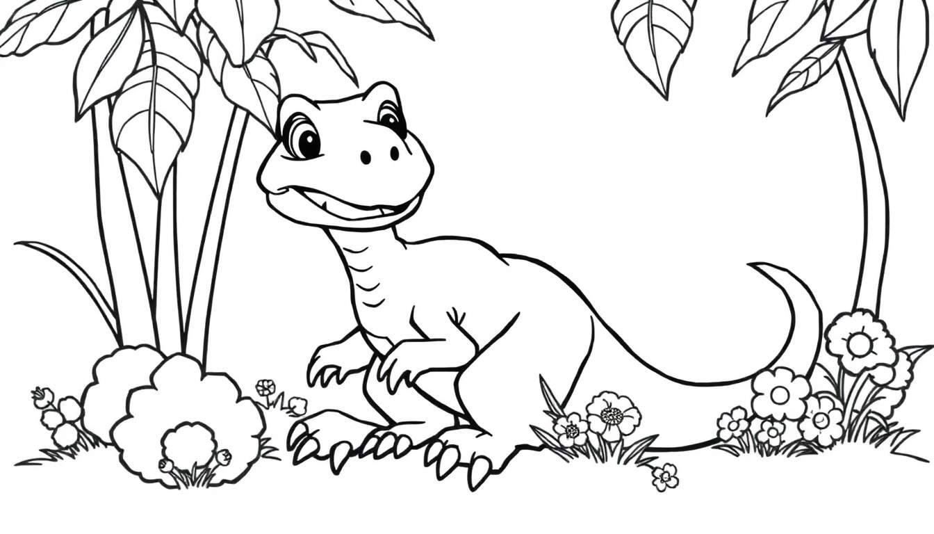 Placa de color de un T-Rex bebé amistoso en la jungla.
