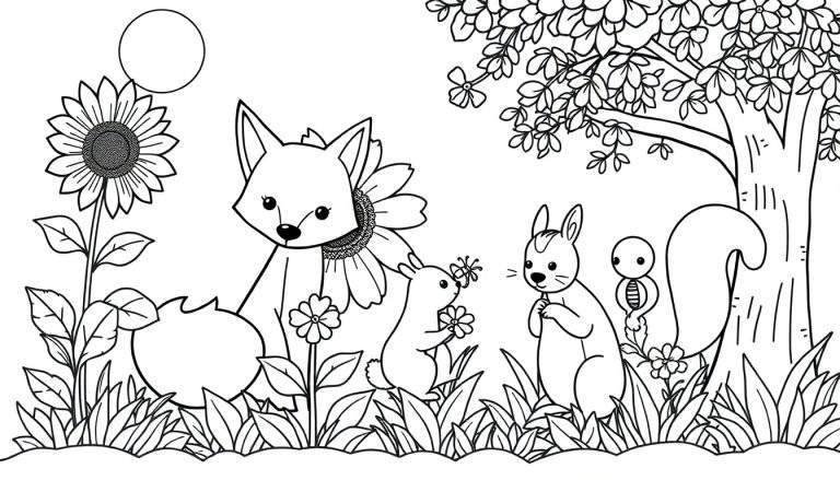 Página para colorear de placa de color con un zorro, conejos, ardilla y girasoles.