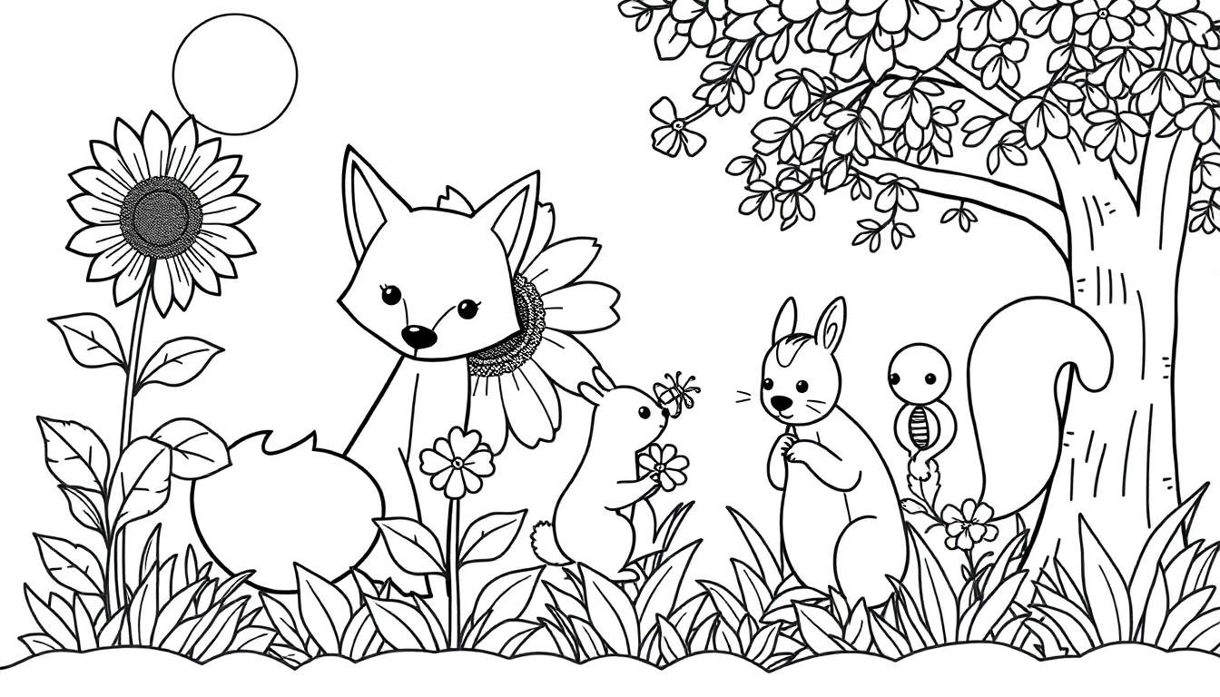 Página para colorear de placa de color con un zorro, conejos, ardilla y girasoles.