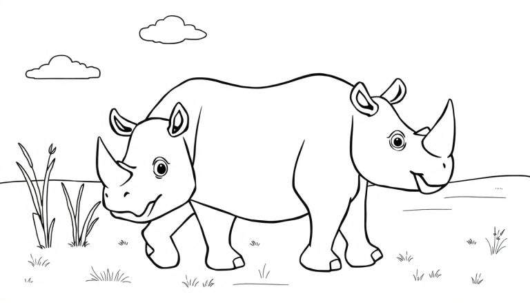 Dos rinocerontes de dibujos animados, uno al lado del otro, en una sabana, listos para colorear en esta placa de color.
