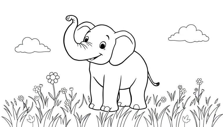Bentley el elefante amigable, listo para colorear en una placa de color.