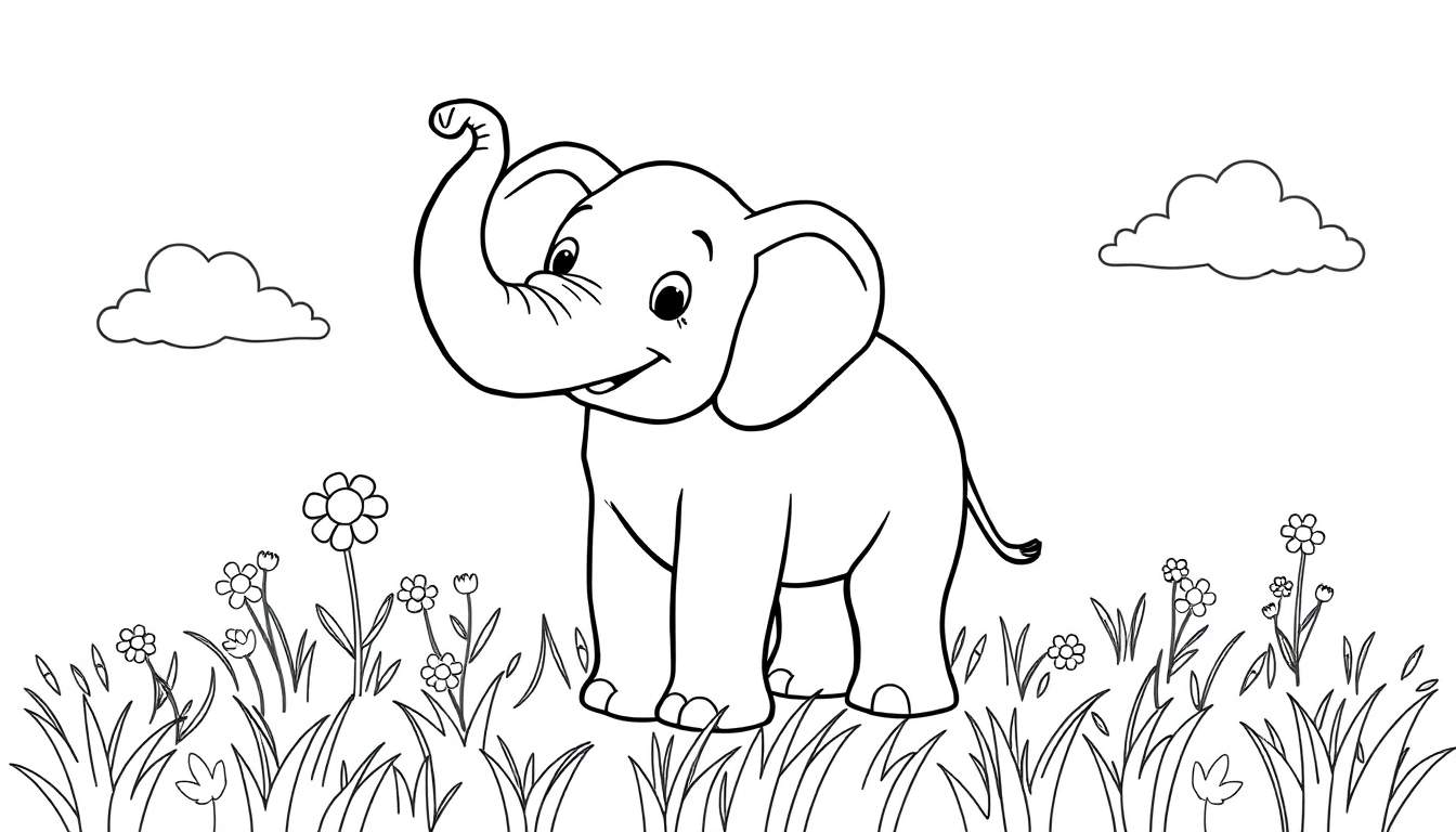 Bentley el elefante amigable, listo para colorear en una placa de color.
