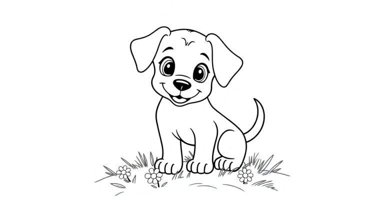 Placa de color de un cachorro adorable sentado en la hierba con flores.