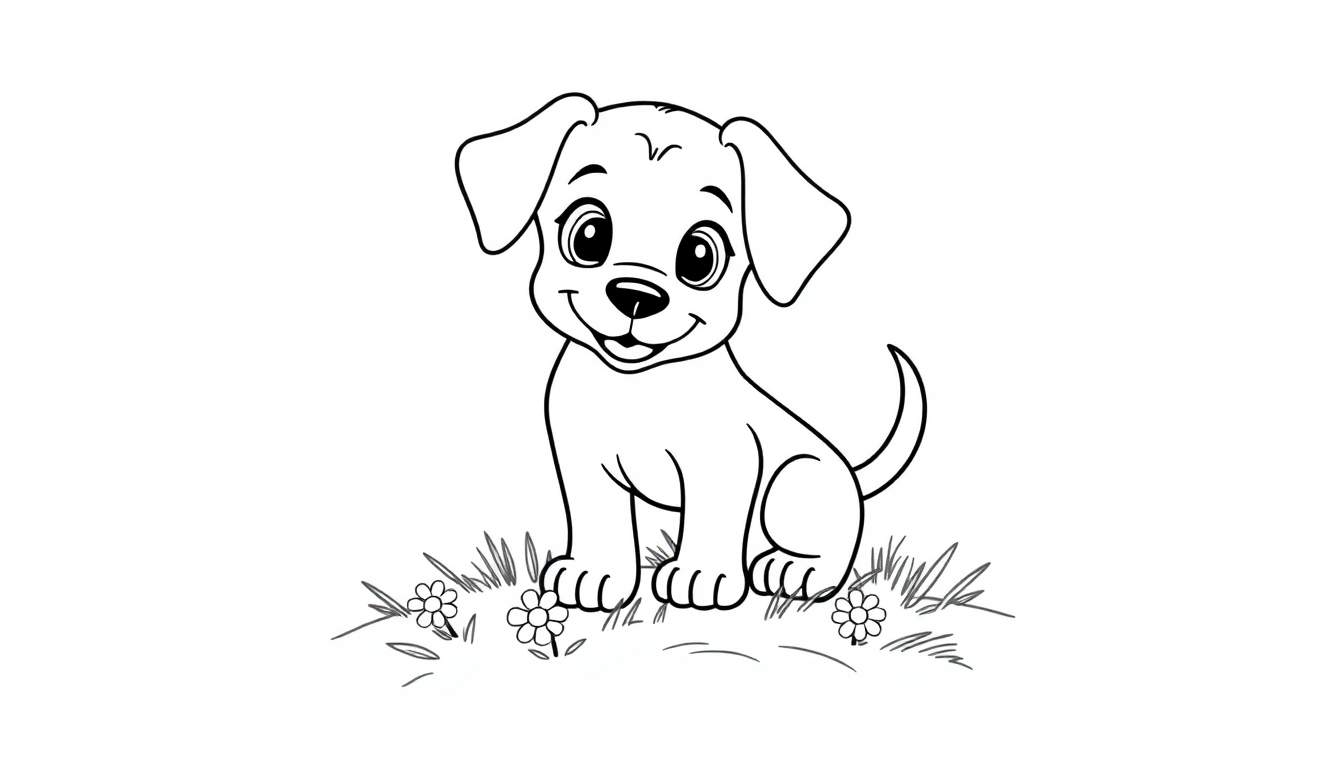 Placa de color de un cachorro adorable sentado en la hierba con flores.
