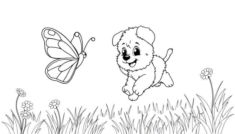Una placa de color con un cachorro saltando persiguiendo una mariposa.