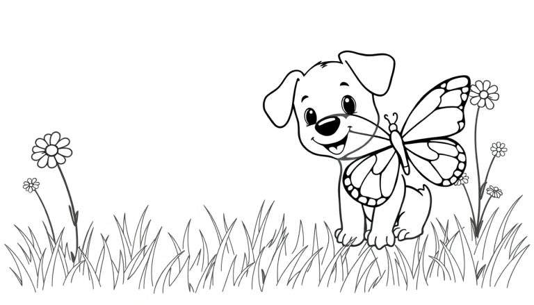 Un cachorro sonriente sosteniendo una mariposa en su hocico, rodeado de hierba y flores, listo para una placa de color.