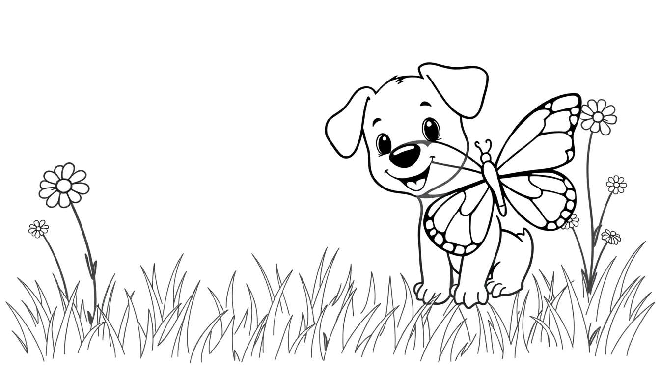 Un cachorro sonriente sosteniendo una mariposa en su hocico, rodeado de hierba y flores, listo para una placa de color.