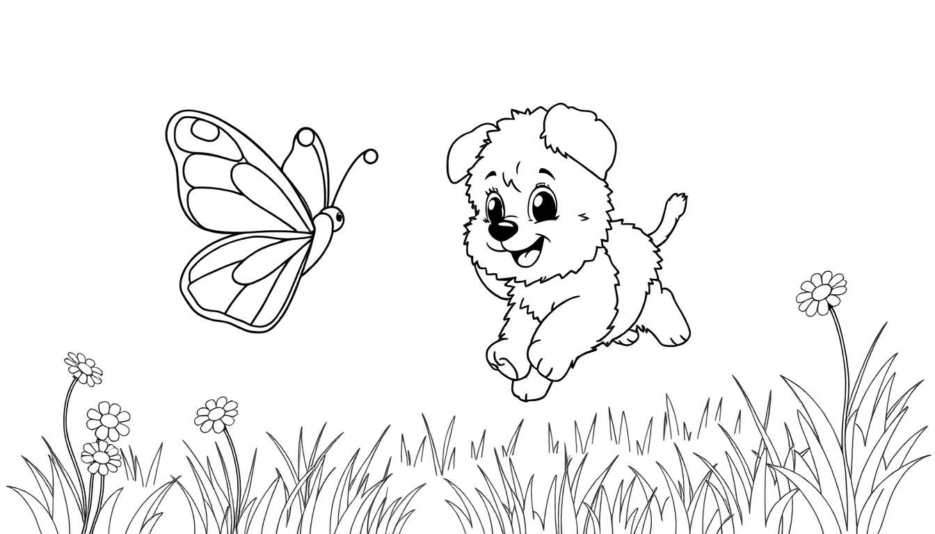 Una placa de color con un cachorro saltando persiguiendo una mariposa.