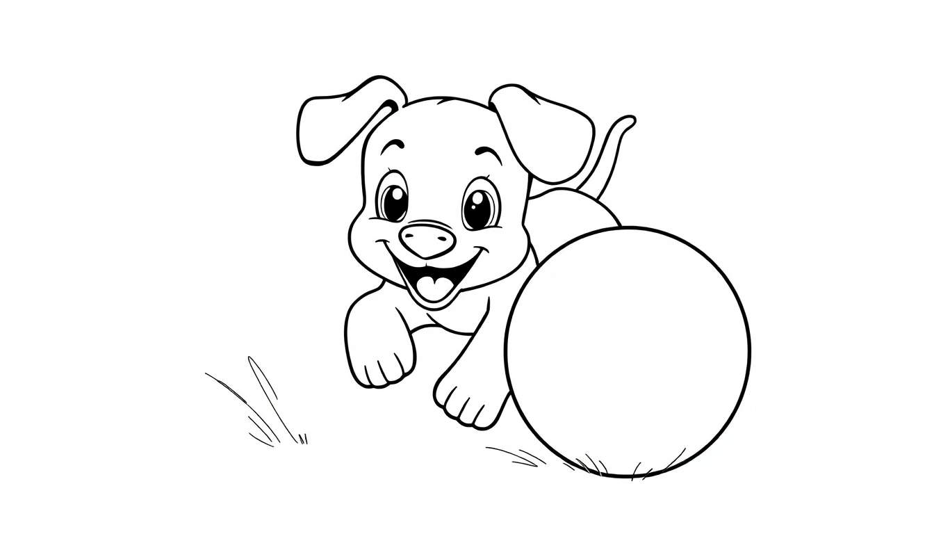 Placa de color de un cachorro feliz jugando con una pelota.