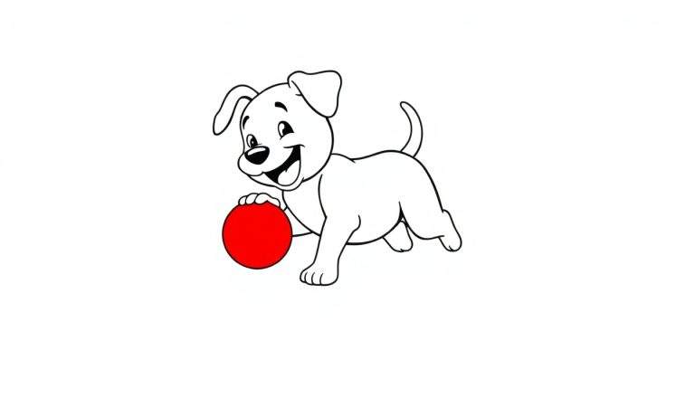 Un cachorro feliz con una placa de color jugando con una pelota roja.