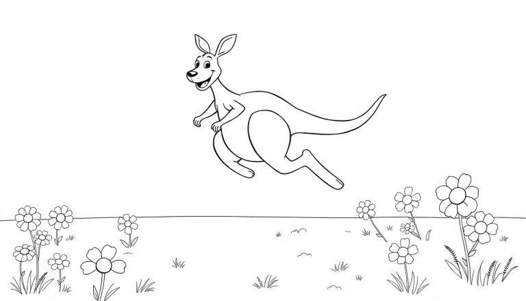 Canguro saltando feliz por un campo de flores listo para ser coloreado, un diseño de placa de color.