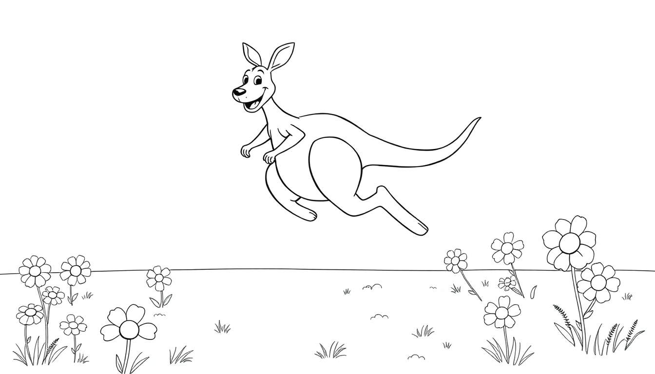 Canguro saltando feliz por un campo de flores listo para ser coloreado, un diseño de placa de color.
