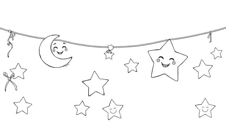 Placa de color de una guirnalda celestial con una luna y estrellas sonrientes.