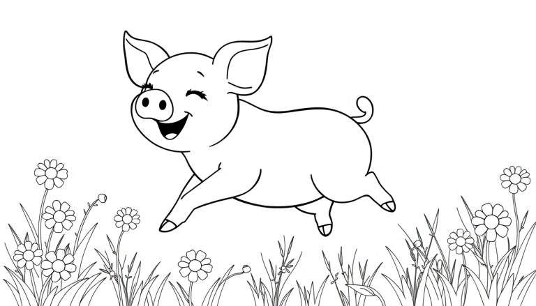 Placa de color de un cerdito feliz saltando sobre flores.