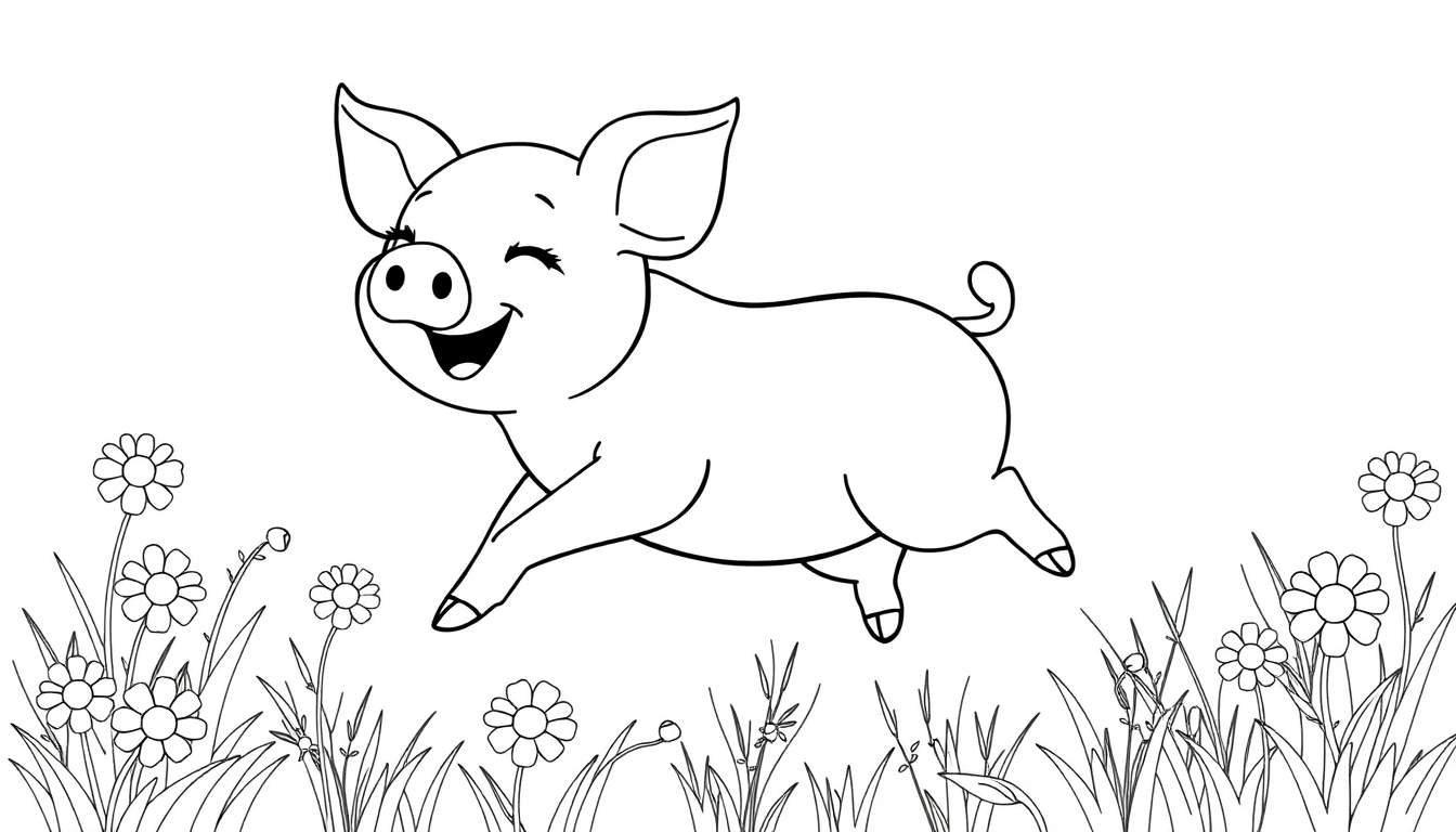 Placa de color de un cerdito feliz saltando sobre flores.