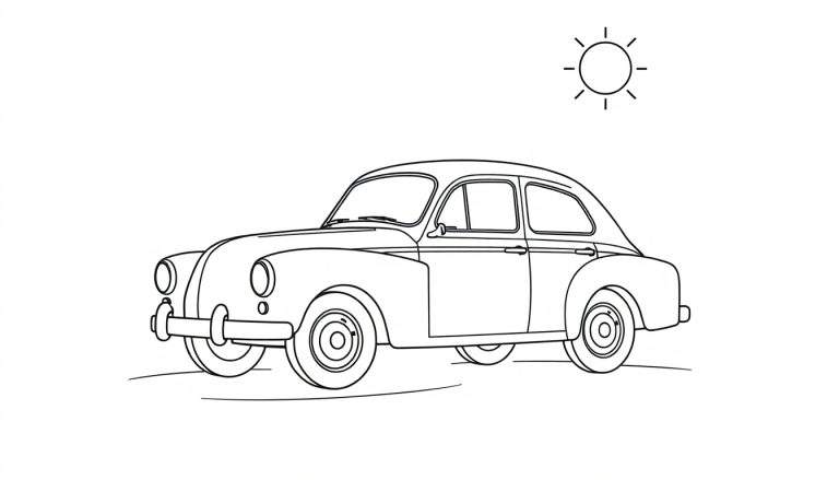 Un tierno coche clásico de Volvo listo para colorear en una placa de color.