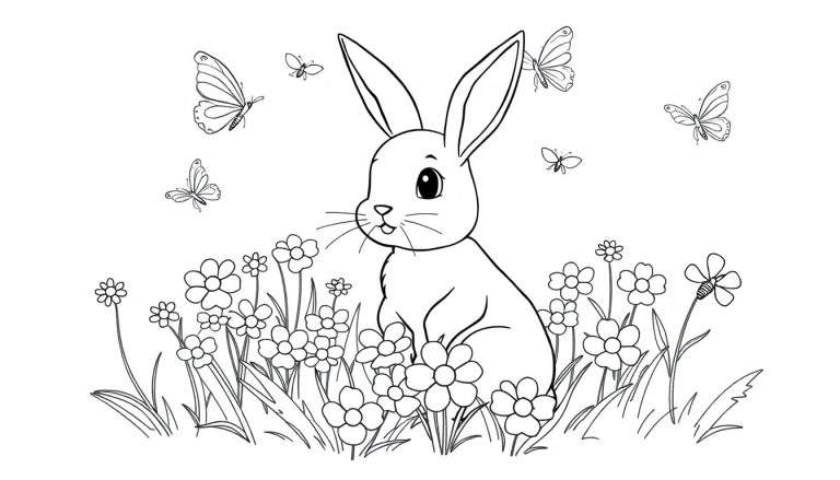 Una conejita y mariposas en un campo de flores de primavera, página para colorear con arte lineal.