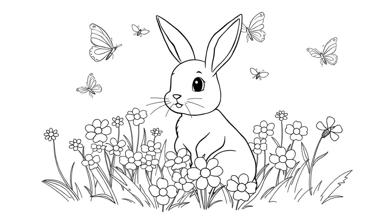 Una conejita y mariposas en un campo de flores de primavera, página para colorear con arte lineal.