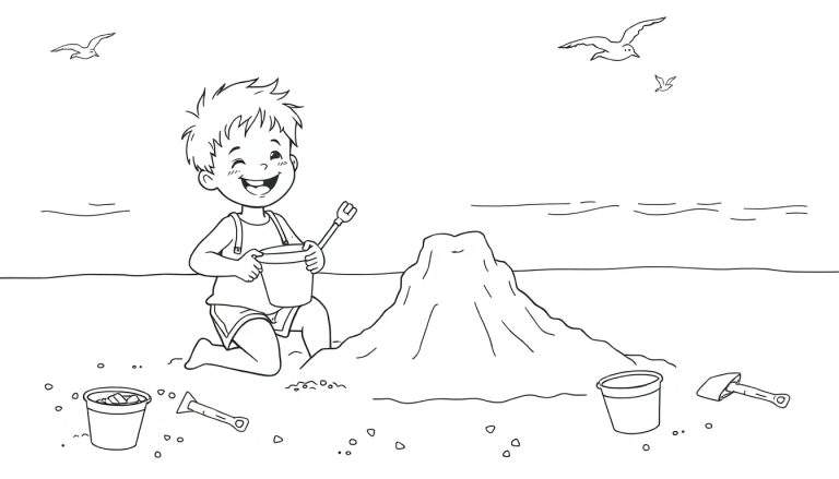 Placa de color de un niño riendo construyendo un castillo de arena con cubos y palas en la playa.
