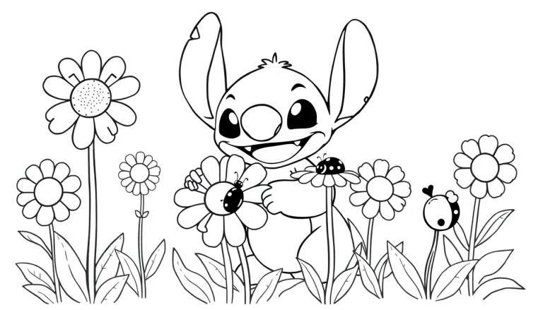 Placa de color de Stitch con flores y mariquitas.