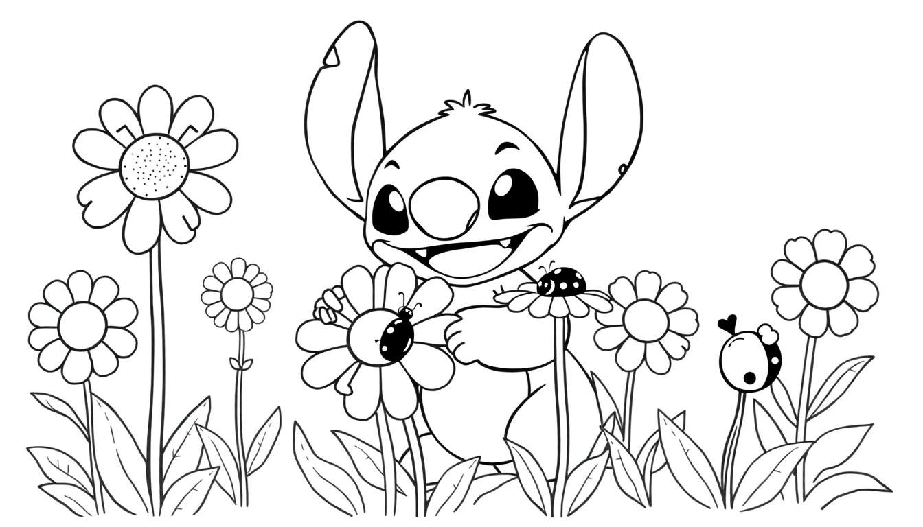 Placa de color de Stitch con flores y mariquitas.