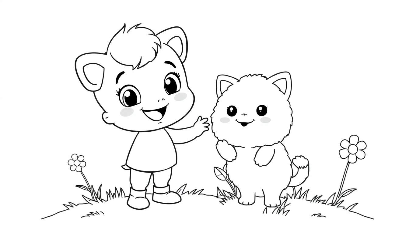 Placa de color de un personaje de Toca Boca saludando junto a su mascota.