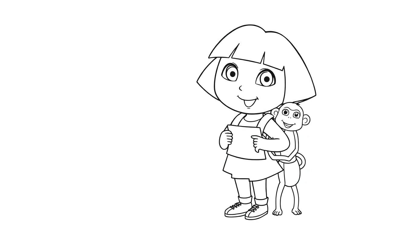 Placa de color de Dora la Exploradora y Boots sonriendo con un mapa.