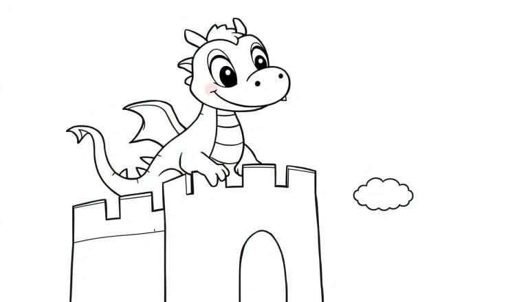 Un dibujo en blanco y negro de un dragón amigable con grandes ojos y una sonrisa, posado en la cima de un castillo con almenas y una pequeña nube al lado, listo para ser coloreado.