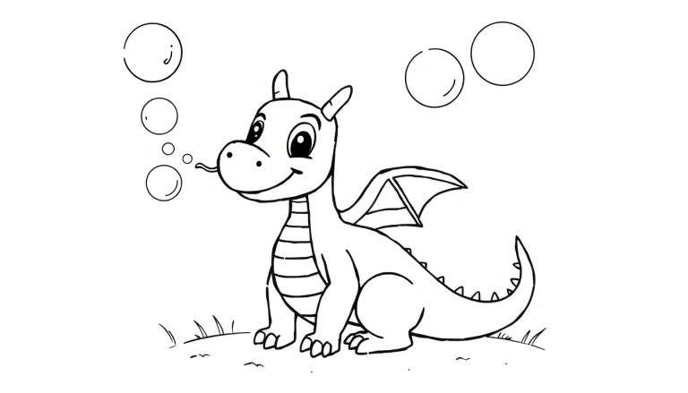 Un dragón de dibujos animados amigable soplando burbujas, listo para colorear en la placa.