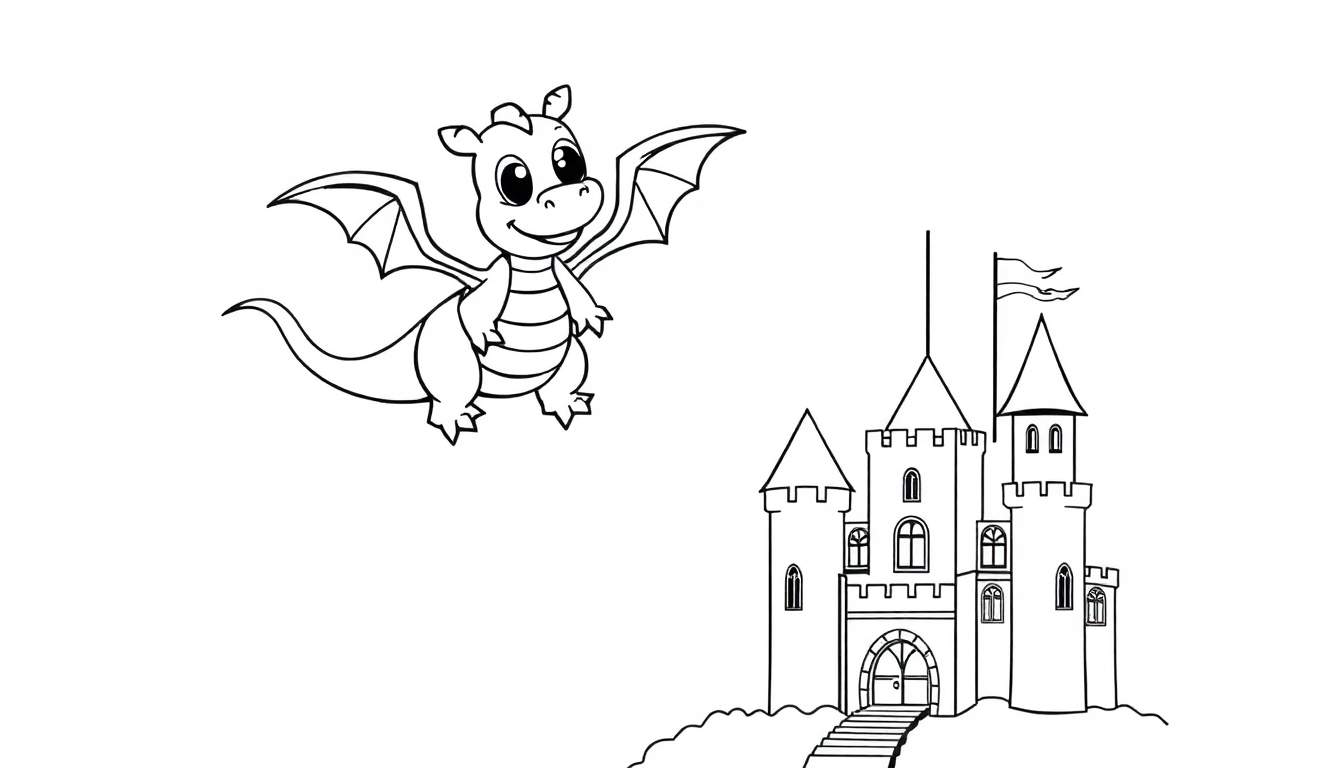 Placa de color de un dragón amigable volando sobre un castillo.