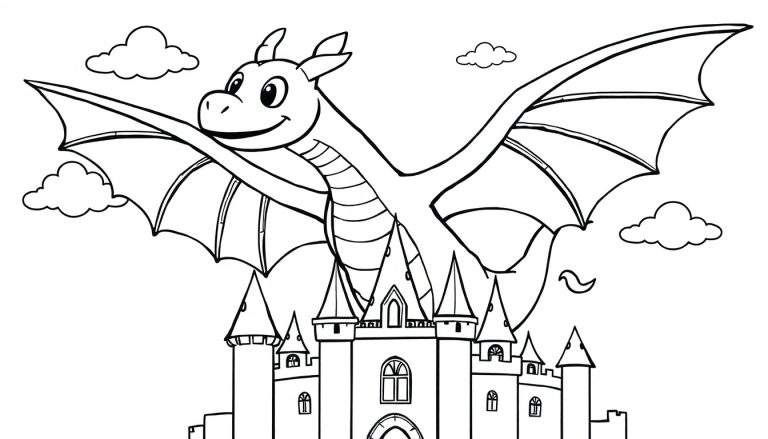Placa de color de un dragón sonriente volando sobre un castillo.