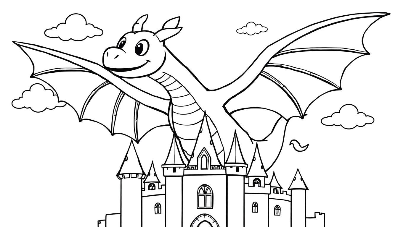 Placa de color de un dragón sonriente volando sobre un castillo.