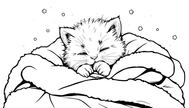 Una placa de color negro y blanco de un gatito durmiendo acurrucado en una manta con copos de nieve de fondo.