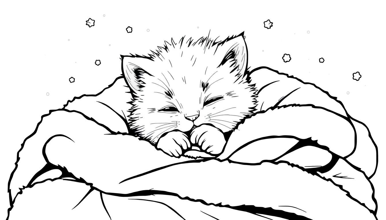 Una placa de color negro y blanco de un gatito durmiendo acurrucado en una manta con copos de nieve de fondo.