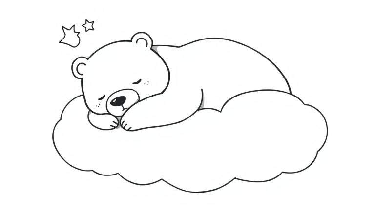 Placa de color de un oso de dibujos animados durmiendo en una nube.