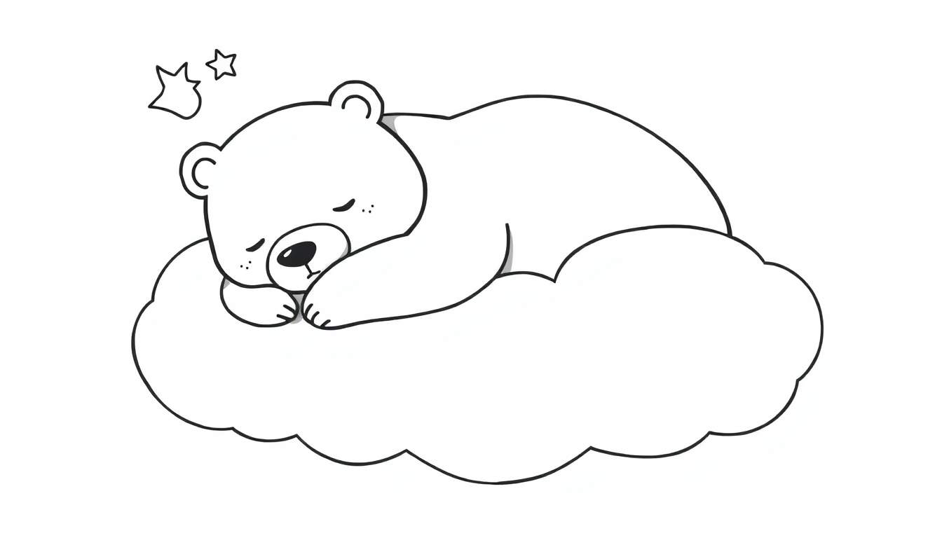 Placa de color de un oso de dibujos animados durmiendo en una nube.