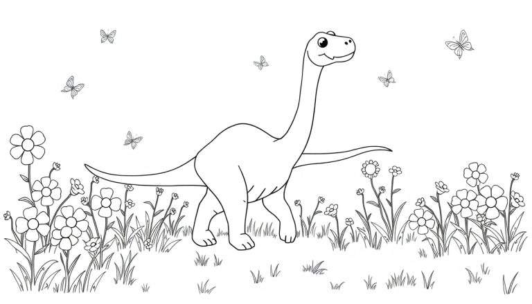 Placa de color de un Diplodocus amigable entre flores y mariposas.