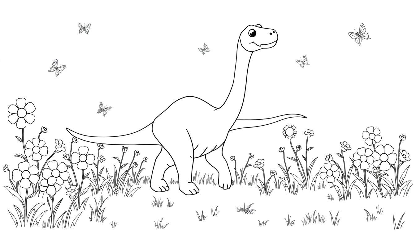Placa de color de un Diplodocus amigable entre flores y mariposas.