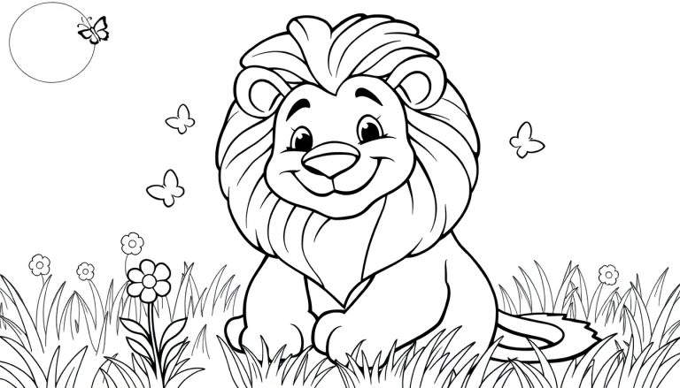 Placa de color de un león de dibujos animados sentado en una pradera.