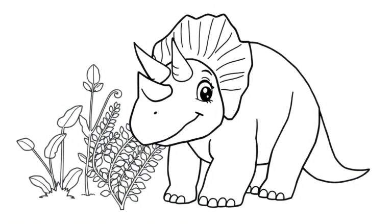 Placa de color de un triceratops sonriente con plantas.
