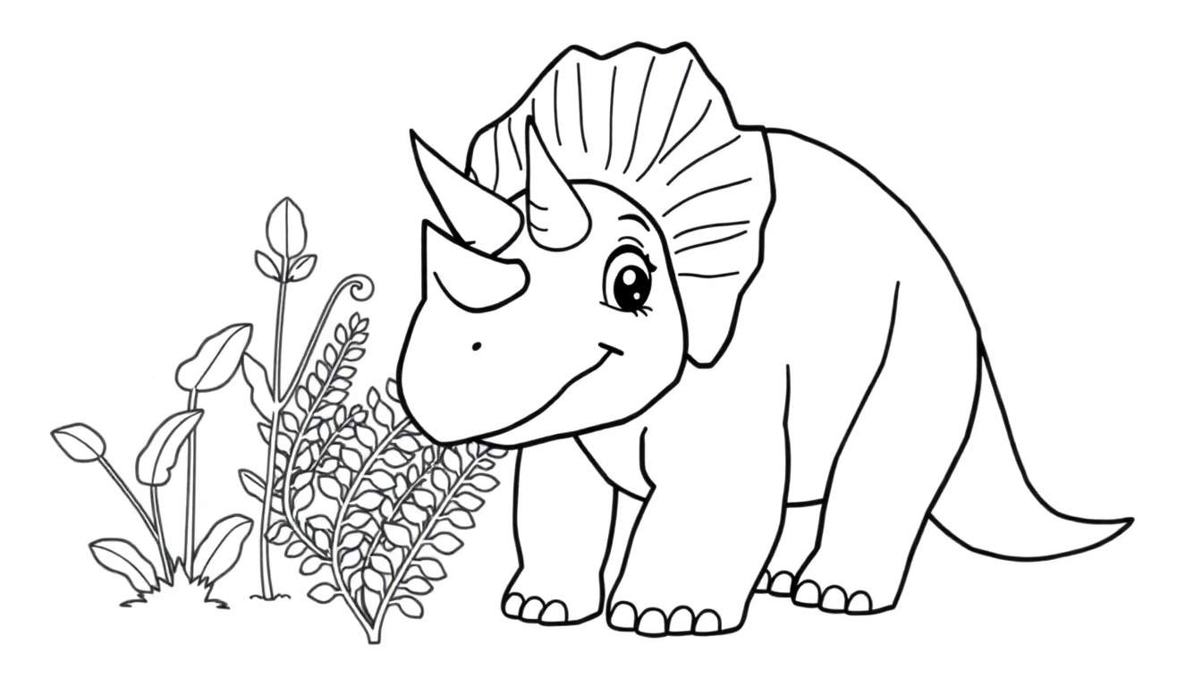 Placa de color de un triceratops sonriente con plantas.
