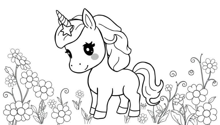 Placa de color de un unicornio bebé sonriente con crin rizada y una estrella mágica en la frente.