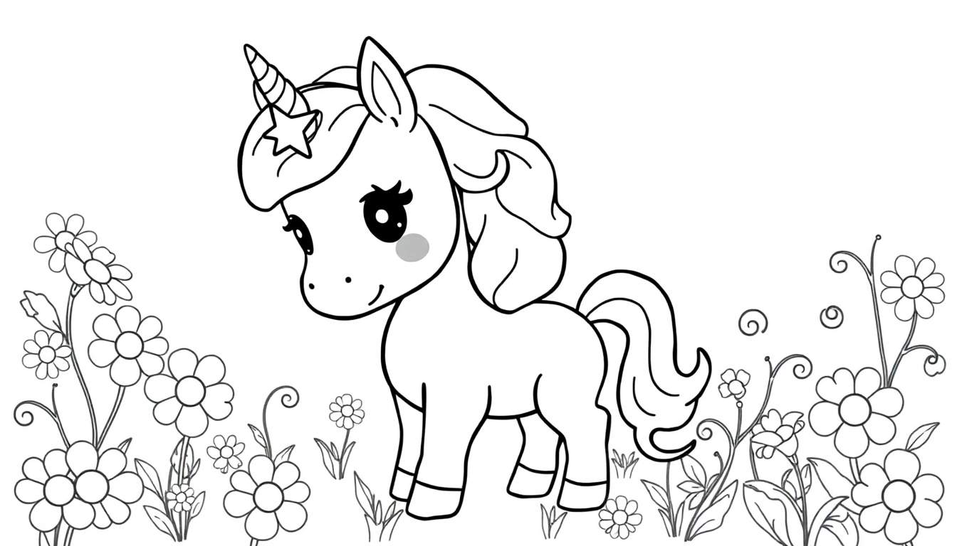 Placa de color de un unicornio bebé sonriente con crin rizada y una estrella mágica en la frente.