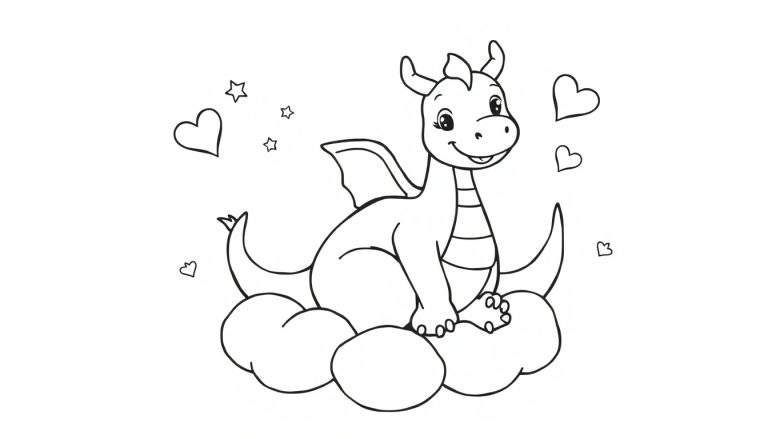 Placa de color de un dragón de dibujos animados amigable sentado en una nube con corazones y estrellas.