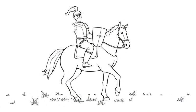Un caballero valiente en su caballo, listo para colorear con la placa de color.
